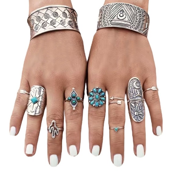 TURQUOISE Flower Cactus Triangle Arrow Tail Ring 9pcs/Set - Picture 2 of 5